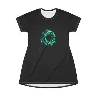 Black T-Shirt Dress – Green Crown of Thorns Design (Symbol of Sacrifice & Hope)