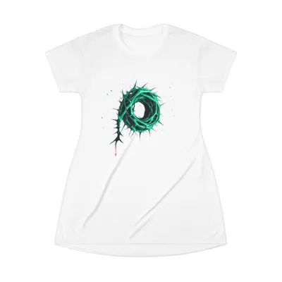 White T-Shirt Dress – Green Crown of Thorns Design (Symbol of Sacrifice & Hope)