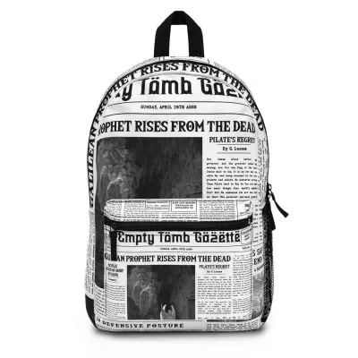 White Backpack – “Empty Tomb Gazette” Vintage Newspaper Design
