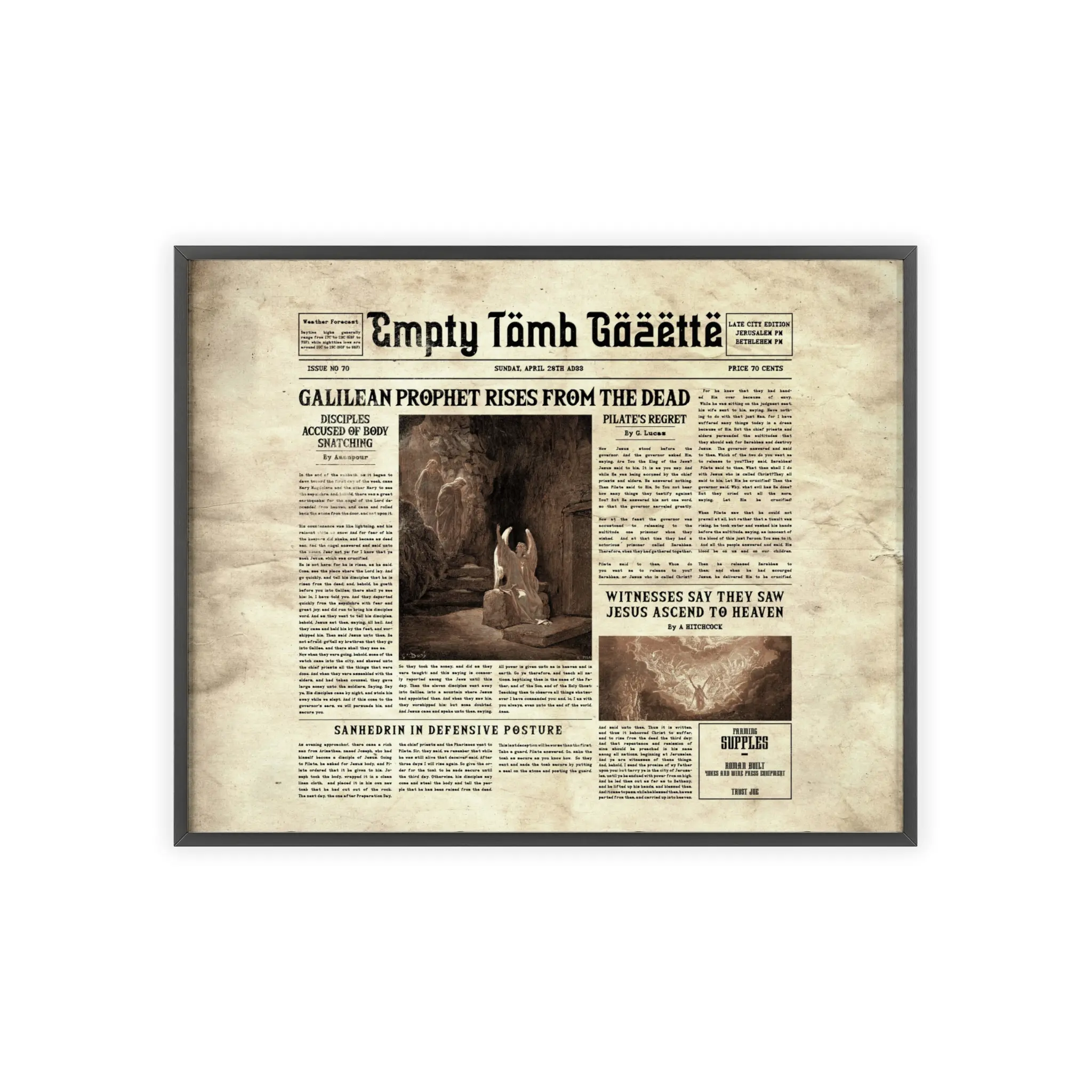 Wooden Framed Poster – “Empty Tomb Gazette” Vintage Newspaper Design