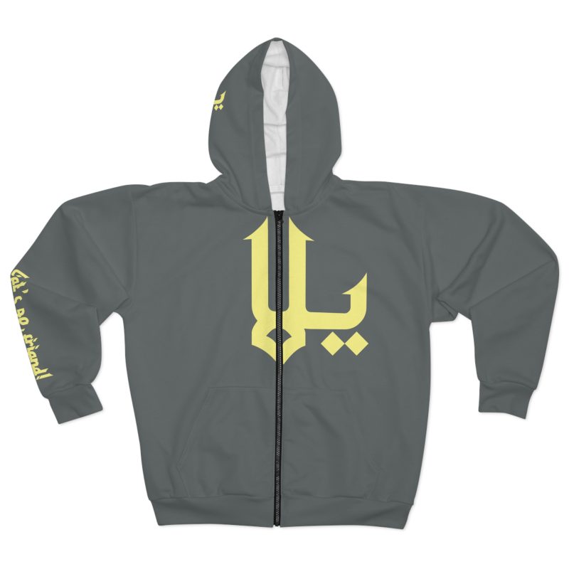 “Yalla” (Let's Go!) – Arabic Calligraphy Hoodie with Yellow Front Symbol & Motivational Sleeve Design