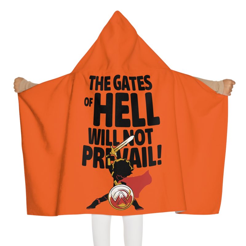 Youth Hooded Towel – “The Gates of Hell Will Not Prevail” (Matthew 16:18) – Orange - Image 2