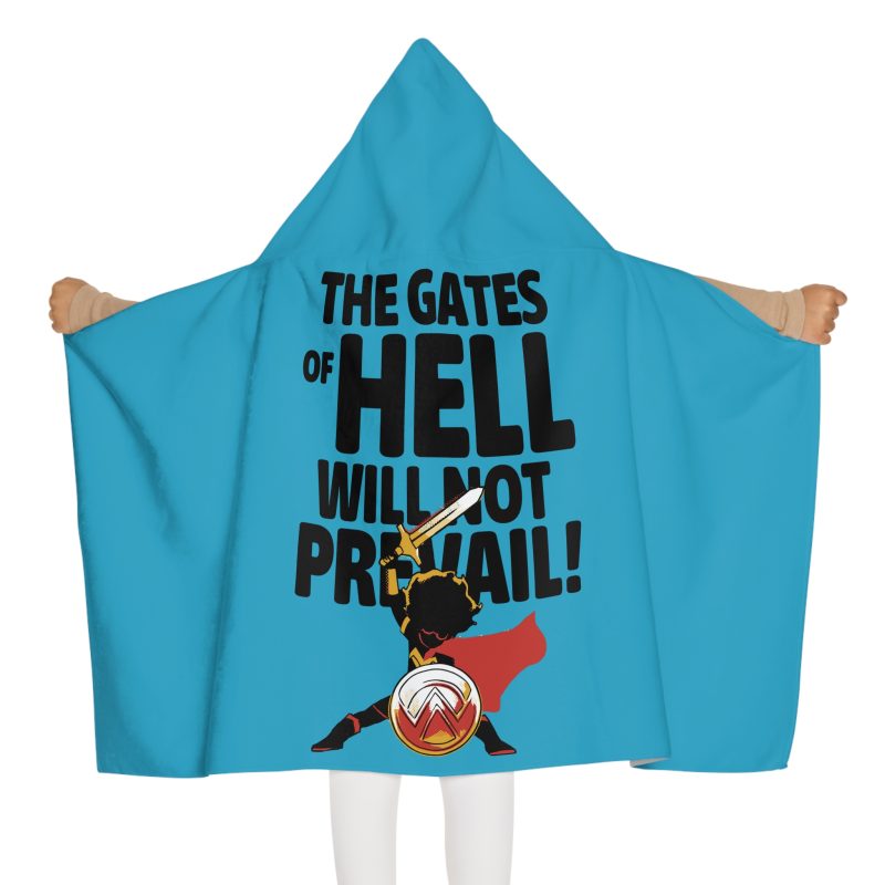 Youth Hooded Towel – “The Gates of Hell Will Not Prevail” (Matthew 16:18) – Blue - Image 4