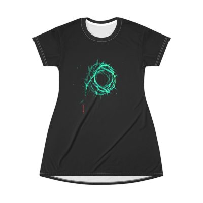 Black T-Shirt Dress – Green Crown of Thorns Design (Symbol of Sacrifice & Hope)
