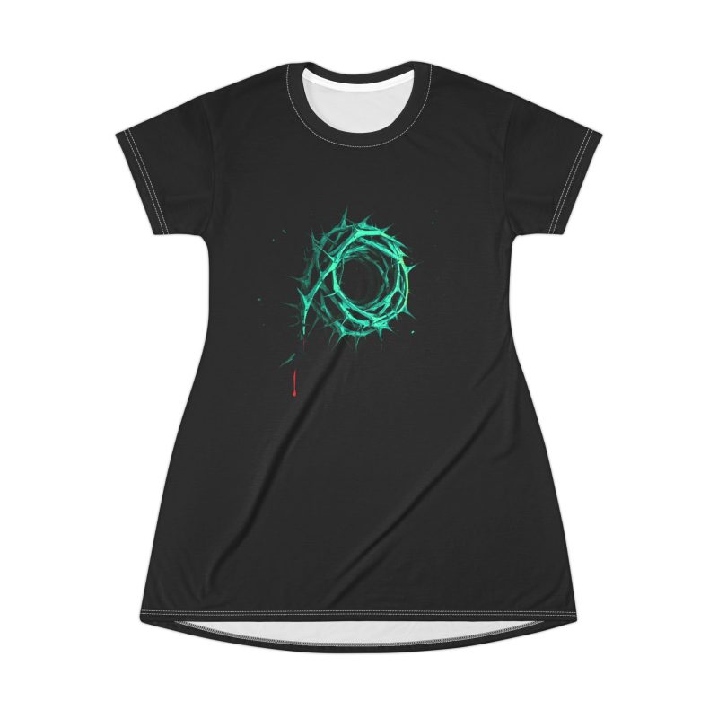 Black T-Shirt Dress – Green Crown of Thorns Design (Symbol of Sacrifice & Hope)