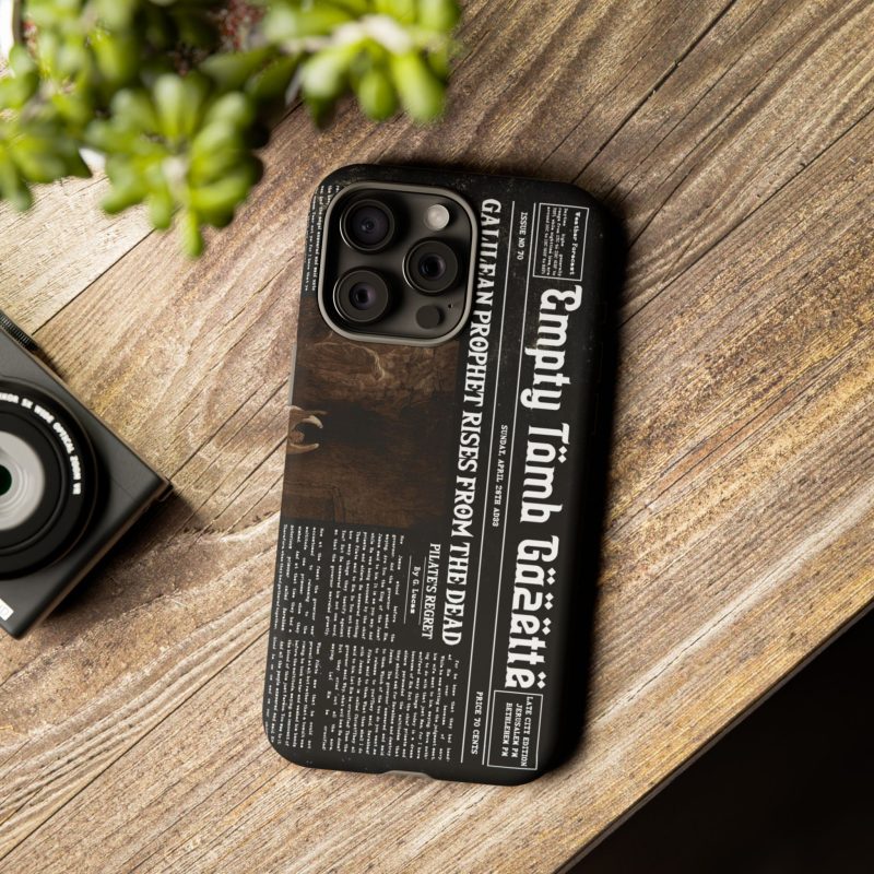 Black Phone Case – “Empty Tomb” Vintage Headline Design - Image 2
