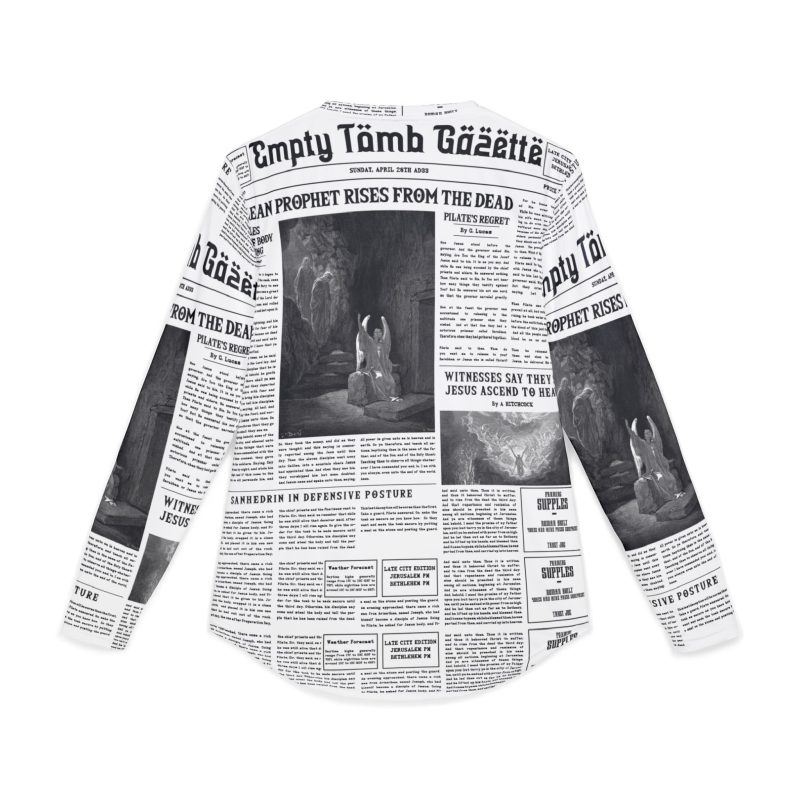 Men’s White Long Sleeve Tee – “Empty Tomb Gazette” Vintage Newspaper Design - Image 3