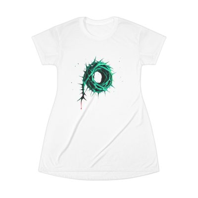 White T-Shirt Dress – Green Crown of Thorns Design (Symbol of Sacrifice & Hope)