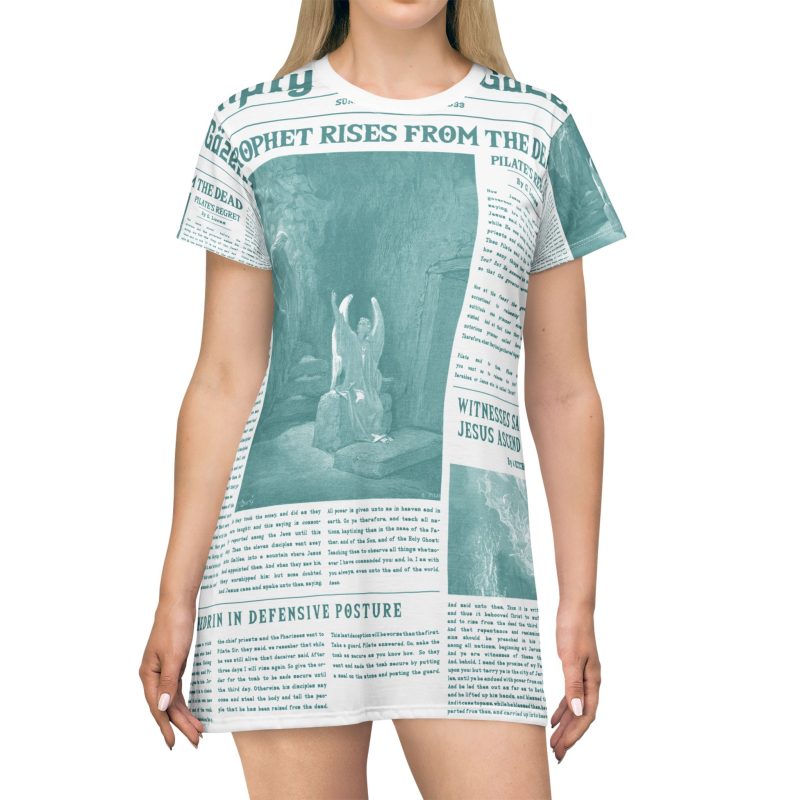 White T-Shirt Dress – “Empty Tomb” Design in Green Font - Image 2