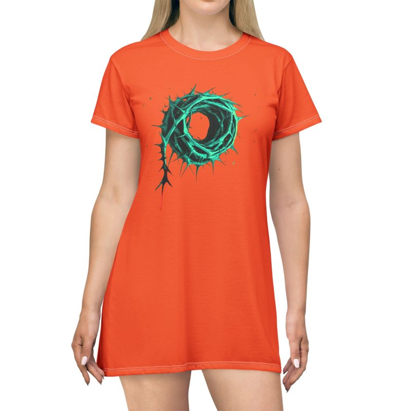 Orange T-Shirt Dress – Green Crown of Thorns Design (Symbol of Sacrifice & Hope) - Image 2