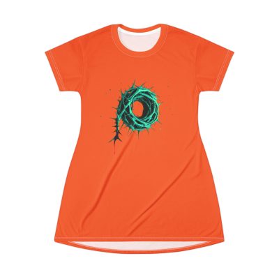 Orange T-Shirt Dress – Green Crown of Thorns Design (Symbol of Sacrifice & Hope)