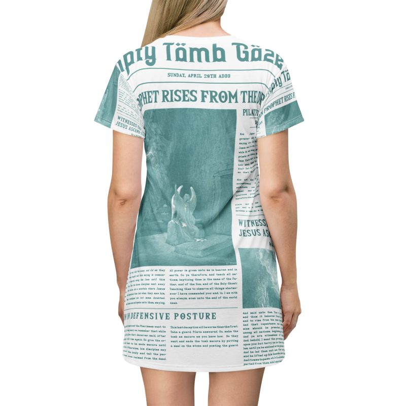 White T-Shirt Dress – “Empty Tomb” Design in Green Font - Image 3