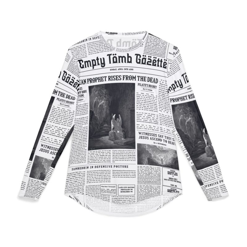 Men’s White Long Sleeve Tee – “Empty Tomb Gazette” Vintage Newspaper Design
