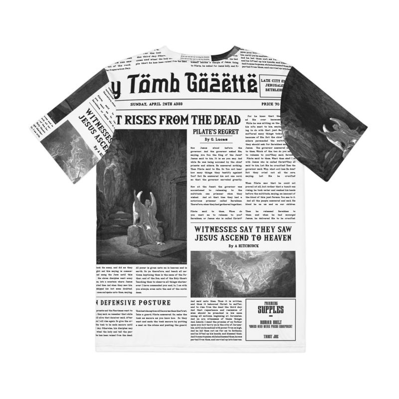 Men’s White Short Sleeve Tee – “Empty Tomb Gazette” Vintage Newspaper Design - Image 3