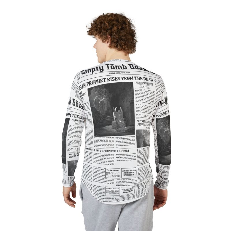 Men’s White Long Sleeve Tee – “Empty Tomb Gazette” Vintage Newspaper Design - Image 4