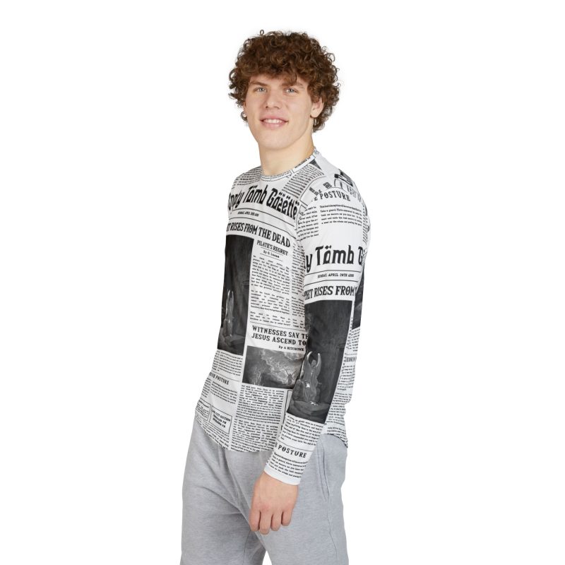 Men’s White Long Sleeve Tee – “Empty Tomb Gazette” Vintage Newspaper Design - Image 5