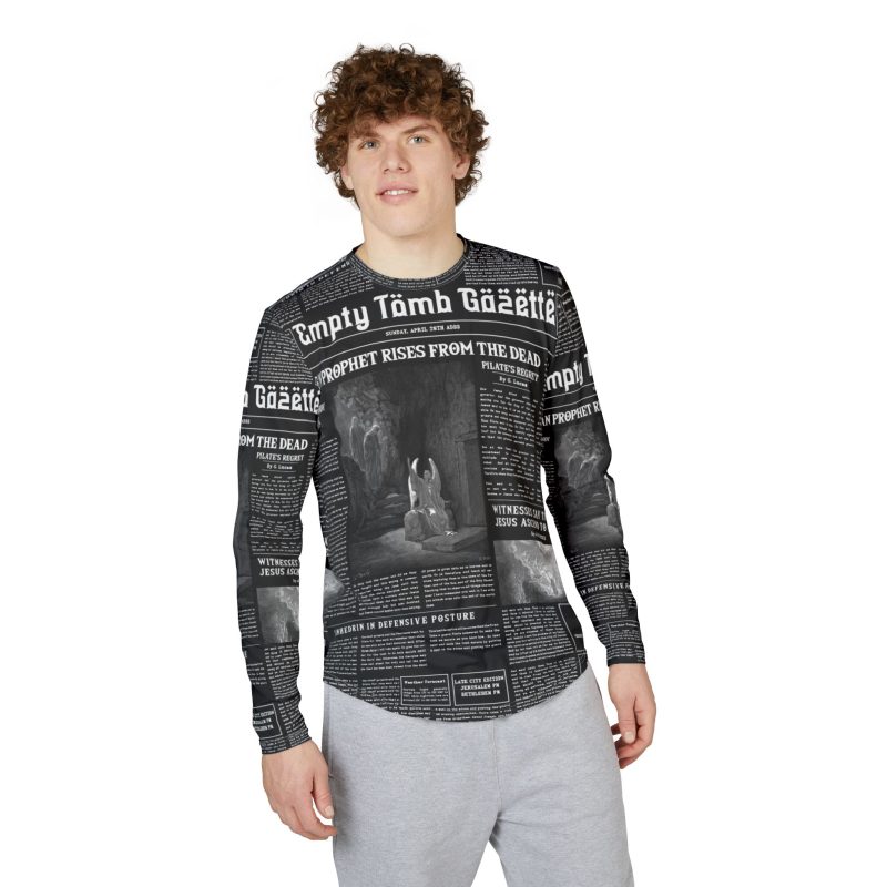 Men’s Black Long Sleeve Tee – “Empty Tomb Gazette” Vintage Newspaper Design - Image 2