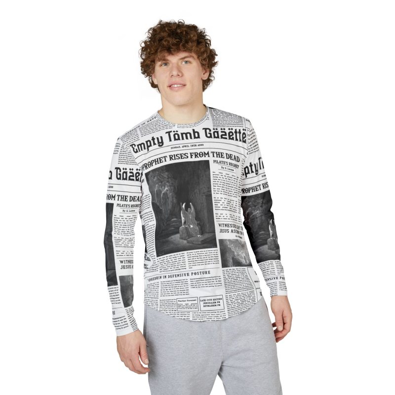 Men’s White Long Sleeve Tee – “Empty Tomb Gazette” Vintage Newspaper Design - Image 2