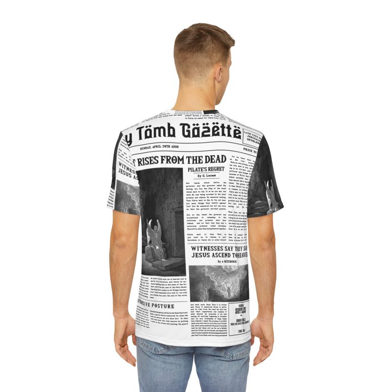 Men’s White Short Sleeve Tee – “Empty Tomb Gazette” Vintage Newspaper Design - Image 4