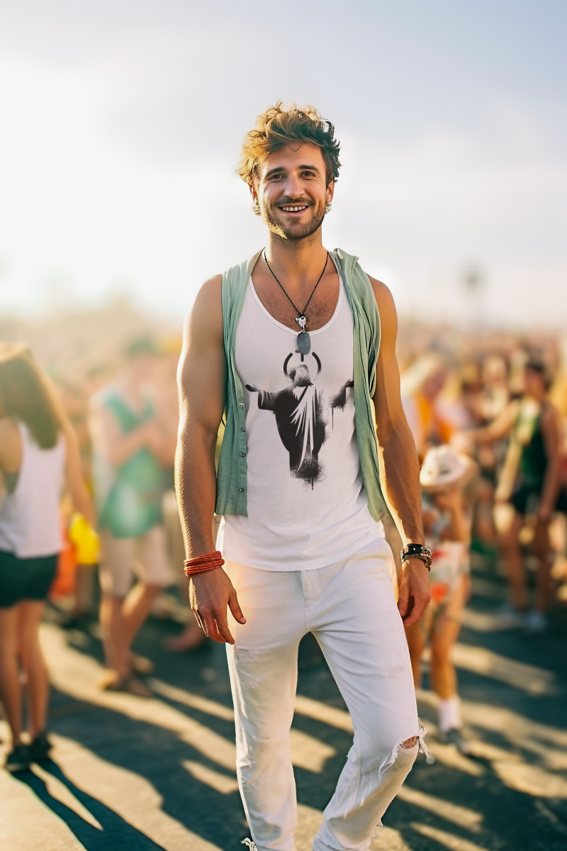 Ascended Son Tank Top – Jesus with Halo & Cross Design (Unisex) - Image 2